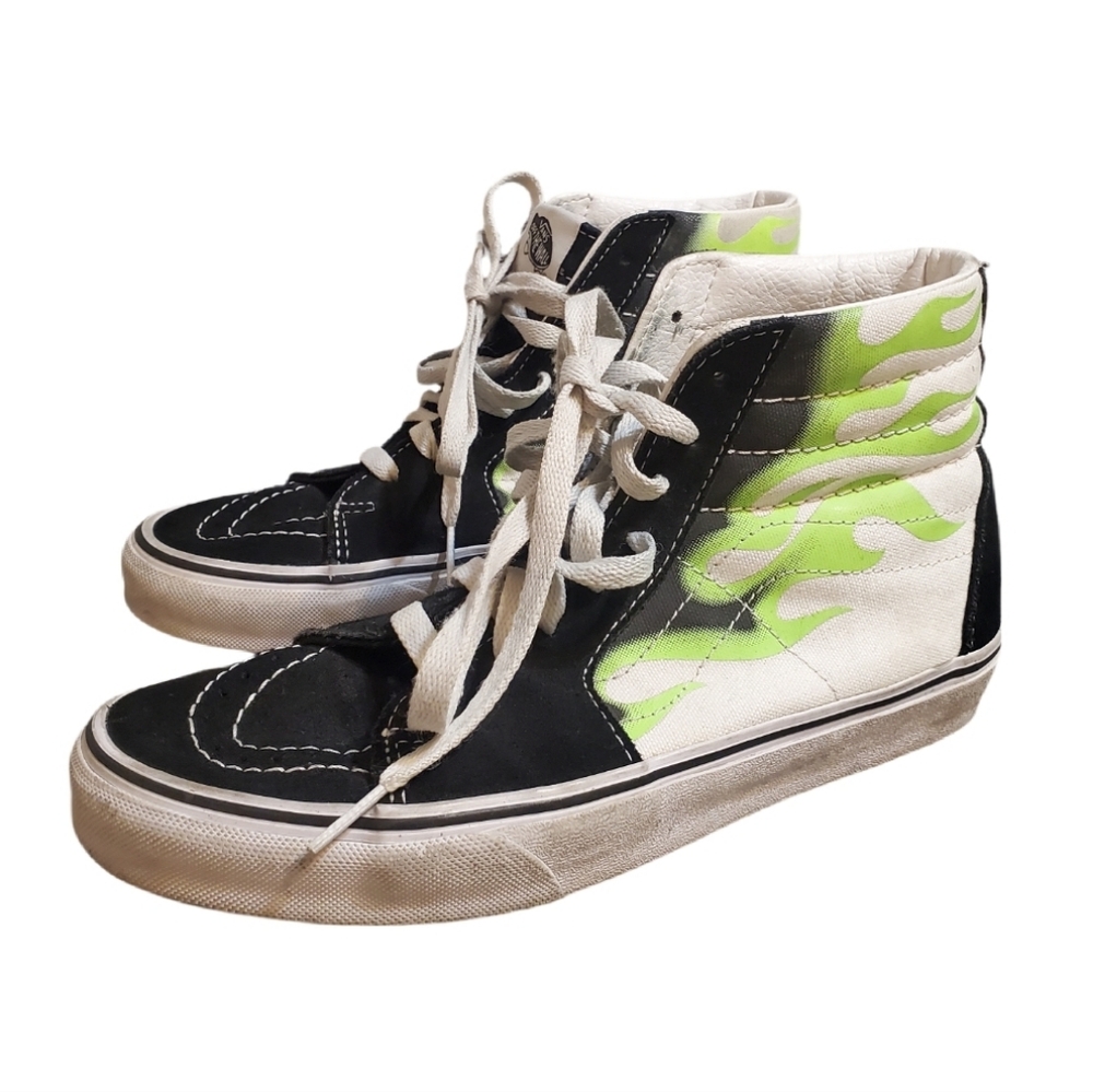 Vans Women's Sk8 Hi Green Flames Off The Wall Lace Up Skate Shoes W 8 M 6.5